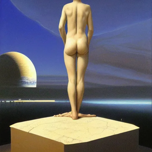 Image similar to David Ligare masterpiece, scifi nightscape, planets, hyperrealistic surrealism, award winning masterpiece with incredible details, epic stunning, infinity pool, a surreal vaporwave liminal space, highly detailed, trending on ArtStation, broken giant marble head statue ruins, calming, meditative