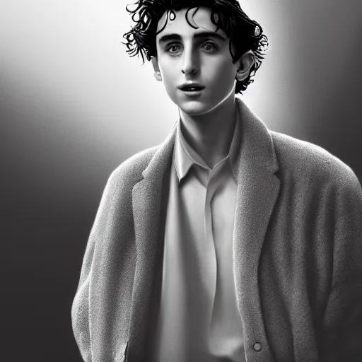 Image similar to character design, timothee chalamet believing in nothing and launching into the stratosphere with jennifer lawrence or whatever, in the style of killian eng kawase hasui james jean, artstation trending, 8 k, photorealistic, volumetric lighting caustics, black and white, detailed af