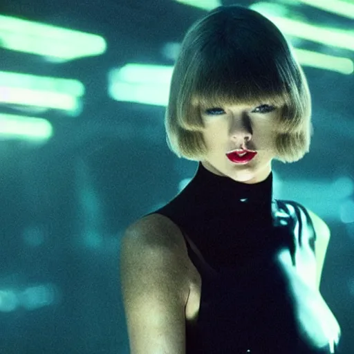 Image similar to Taylor Swift in Blade Runner, cyberpunk, cinematic film still