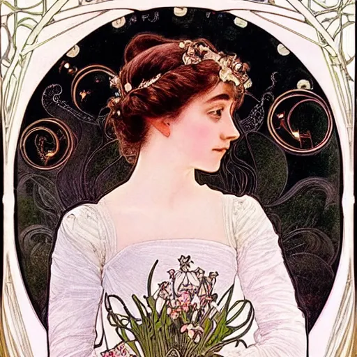 Image similar to a detailed, intricate art nouveau portrait poster of a young bride who resembles a teenage saoirse ronan and emma watson in a white bridal gown, in a garden of fireflies and glowing lanterns at night, by alphonse mucha, and john william waterhouse