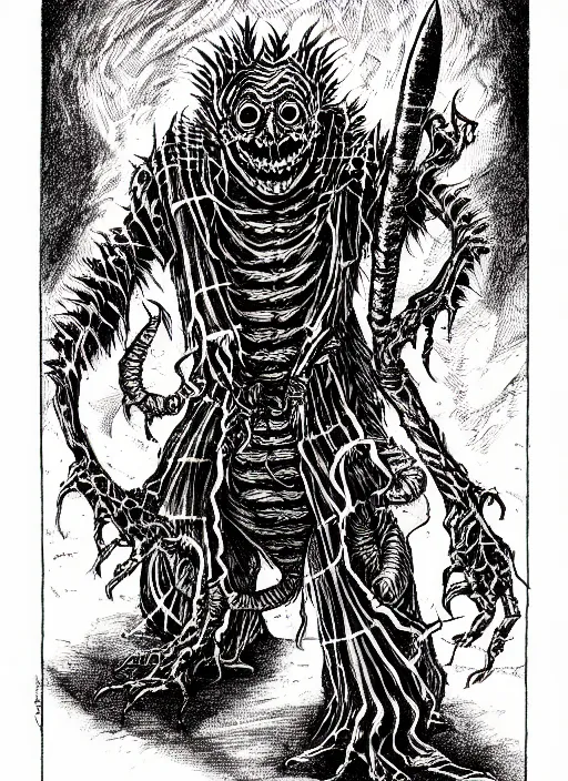 Prompt: the ghost beetlejuice, as a d & d monster, full body, pen - and - ink illustration, etching, by russ nicholson, david a trampier, larry elmore, 1 9 8 1, hq scan, intricate details, inside stylized border