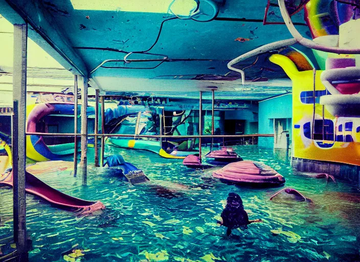 Prompt: abandoned colorful indoor water park with strange creatures lurking, polaroid photo