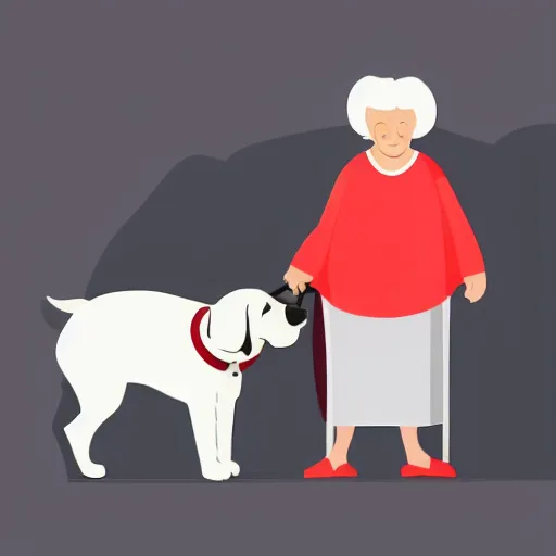 Prompt: a flat design illustration of a grandma with a dog. the grandma using a smart phone. the illustration using only solid colors, the colors are red, gray and white.