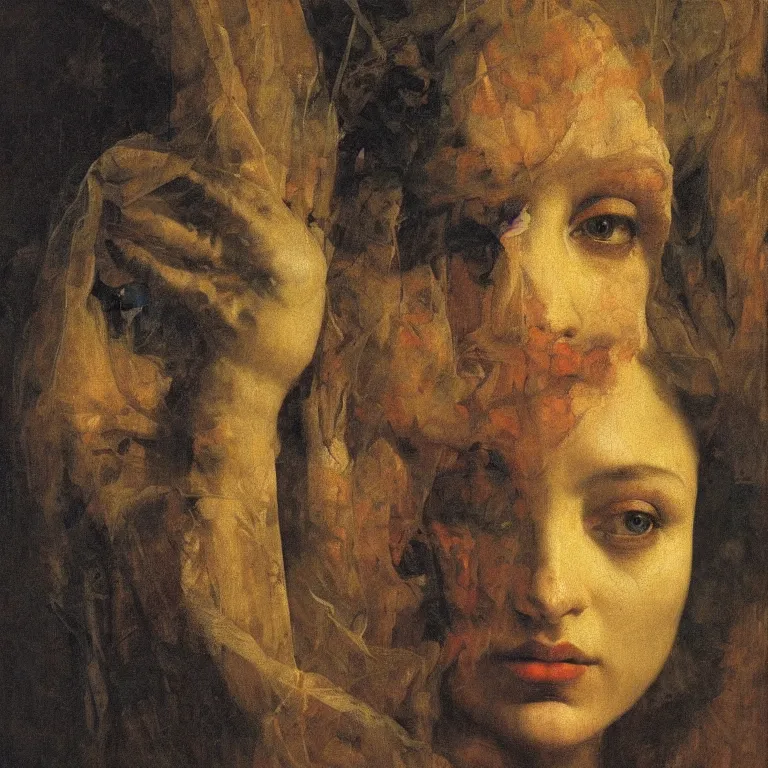 Image similar to Beautiful woman face inside face inside face inside face, baroque cloth, shadows, the long shot, dramatic lighting, high-detailed oil painting by Ilya Repin, William Blake, Michelangelo da Caravaggio and Beksinski, masterpiece, 4k