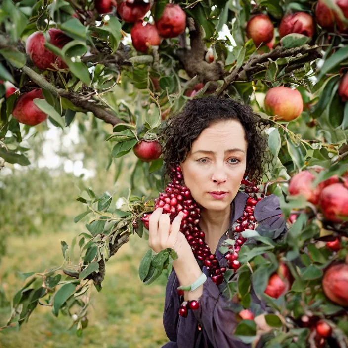 Image similar to a closeup portrait of a woman wearing twisted knotted iridescent ribbon, picking pomegranates from a tree in an orchard, foggy, moody, photograph, by vincent desiderio, canon eos c 3 0 0, ƒ 1. 8, 3 5 mm, 8 k, medium - format print