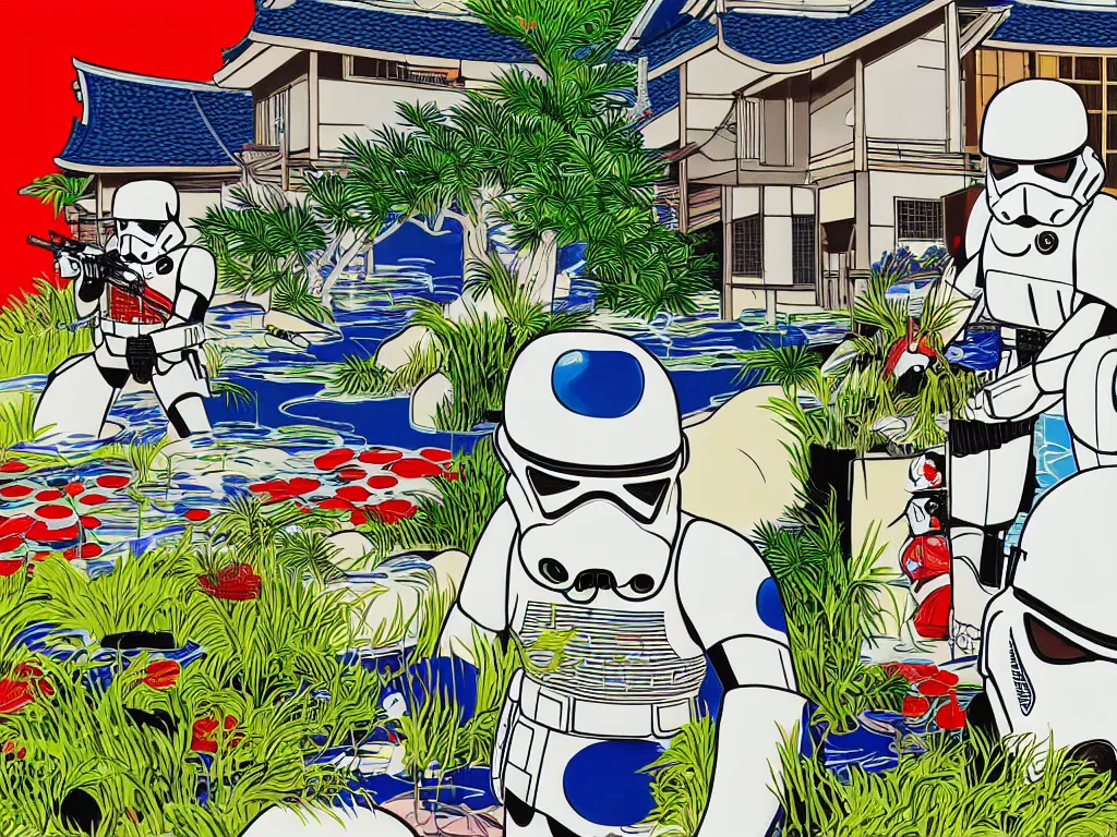 Image similar to detailed close - up image of the japanese home with a garden and a pond, 2 stormtroopers sitting around it, pop - art style, jacky tsai style, andy warhol style, roy lichtenstein style, rich palette, acrylic on canvas