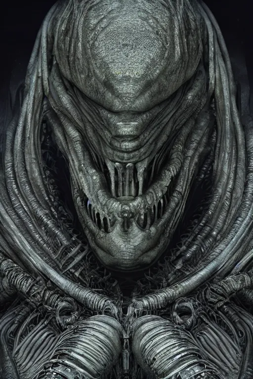 Prompt: ultrarealistic portrait of a cosmic alien monster, detailed matte painting, dark atmosphere, by h. r. giger and h. p. lovecraft, octane render, cgi