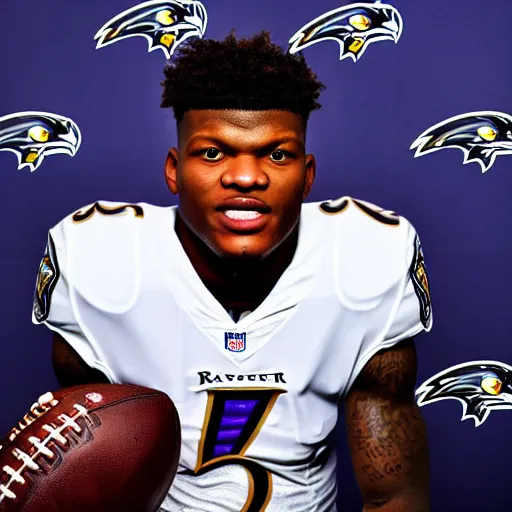 Image similar to portrait. lamar jackson baltimore ravens. lombardi trophy. sports photo. award winning photograph. lamar jackson's detailed face