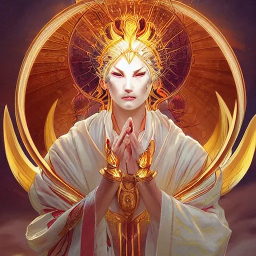 Image similar to The goddess Amaterasu clothed in pure golden light energy, D&D, highly detailed, digital painting, artstation, concept art, sharp focus, illustration, art by artgerm and greg rutkowski and alphonse mucha