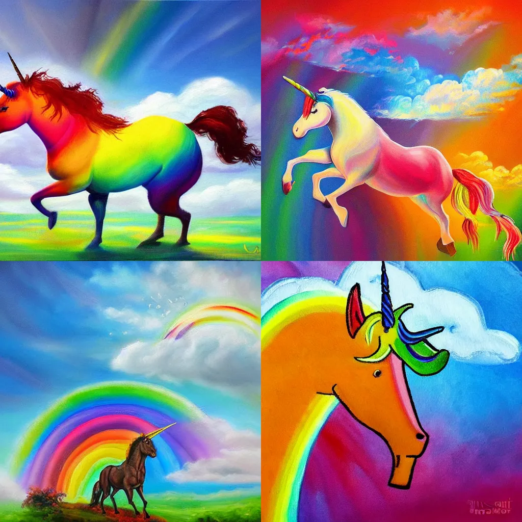 Prompt: unicorn galloping on a rainbow, clouds in the background, oil painting, high detail, vibrant colors, high quality,