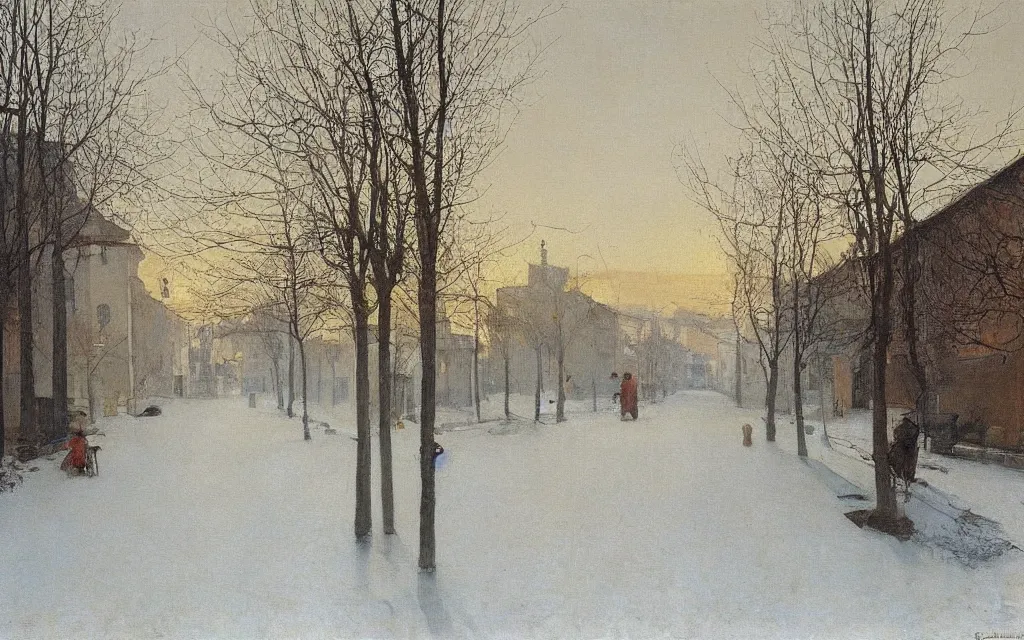 Prompt: a painting of a street in winter, pale sun, mist, oil on canvas, by carl larsson