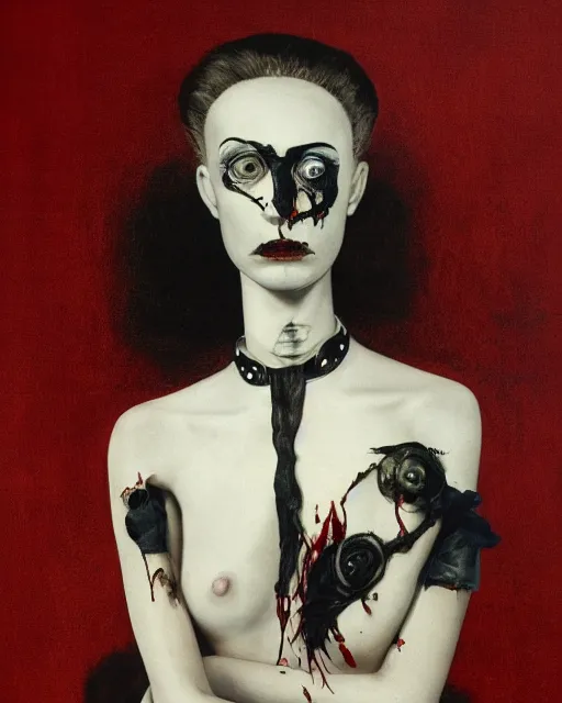 Image similar to a handsome but sinister, creepy young woman in layers of fear, wearing a vivienne westwood collar, with haunted eyes like mannequin eyes and wild hair, 1 9 7 0 s, seventies, wallpaper, a little blood, moonlight showing injuries, delicate embellishments, painterly, offset printing technique, by john howe, brom, robert henri, walter popp