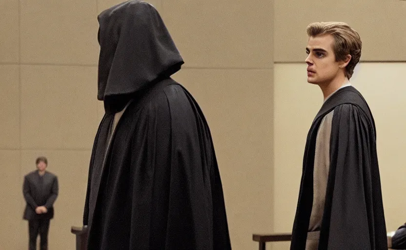 Image similar to anakin skywalker played by hayden christensen in jedi robes talking to a lawyer saul goodman suit in court, us court, better call saul scene 1 0 8 0 p, court session images, realistic faces