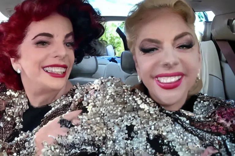 Image similar to lady gaga and judy garland doing carpool karaoke, lady gaga and judy garland, carpool karaoke, lady gaga, judy garland, carpool karaoke, youtube video screenshot, the late late show with james corden