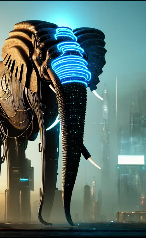 Image similar to hyper realistic and higly detailed photo of a cyberpunk mech elephant. full elephant is seen. intricate, wiring, electronic components, color diodes. volumetric light. professional digital art, lotr style, extremly detailed, trending on artstation, stuning, octane render, unreal engine 5, 8 k rendering.