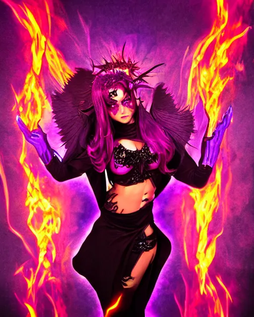 Image similar to pyromancer devil girl cover in purple death flames, deep pyro colors, purple laser lighting, award winning photograph, radiant flares, intricate, various refining methods, micro macro autofocus, evil realm magic painting vibes