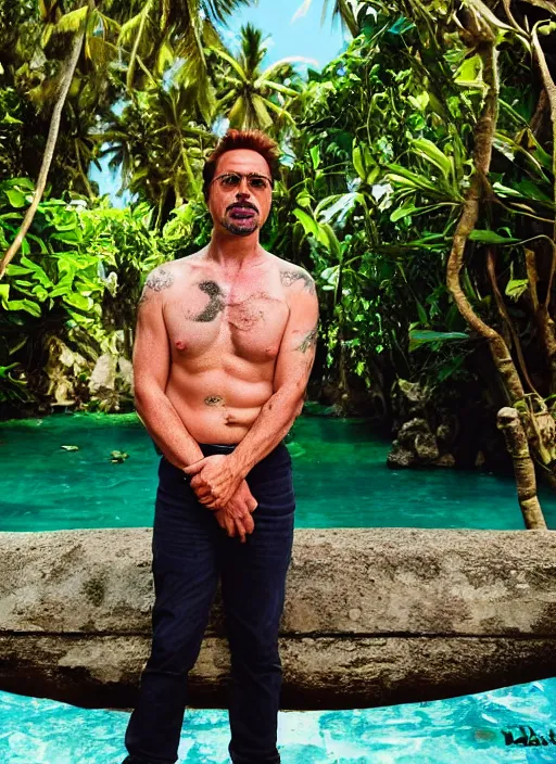 Image similar to a full portrait photo of robert downey jr holiday in bali, f / 2 2, 3 5 mm, 2 7 0 0 k, lighting, perfect faces, award winning photography.