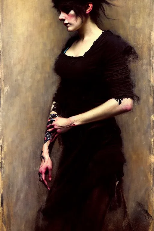 Image similar to solomon joseph solomon and richard schmid and jeremy lipking victorian genre painting full length portrait painting of a young beautiful woman punk rocker