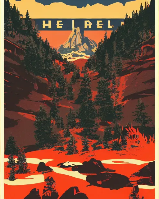 Prompt: 1 9 7 0 s national parks poster for hell, poster design, 4 k, trending on artstation