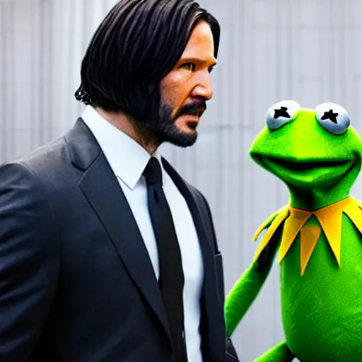 Image similar to kermit the frog as john wick in a still from the film john wick