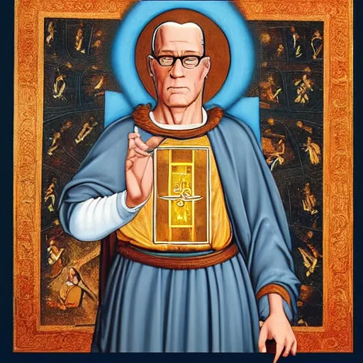 Image similar to hank hill in a white tshirt as the saint of propane surrounded by blue fire, renaissance religious painting, painting by carlo crivelli, late gothic religious paintings, byzantine religious art, trending on artstation