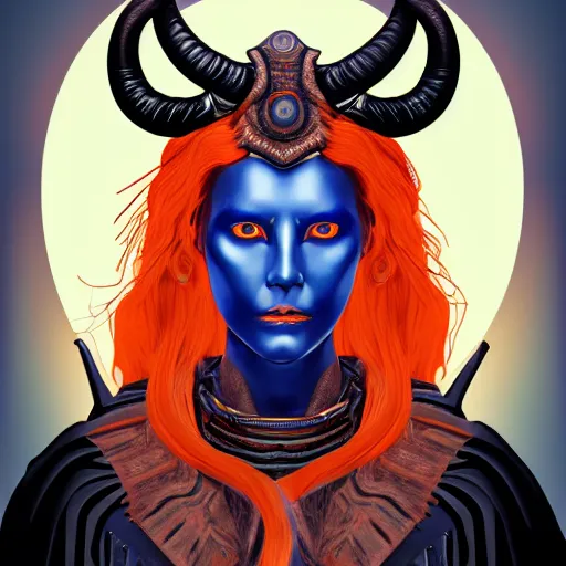 Image similar to illustrated portrait of skinny prominently ram-horned woman with solid black eyes orange skin and blue hair wearing leather armor, hyper detailed, photorealistic