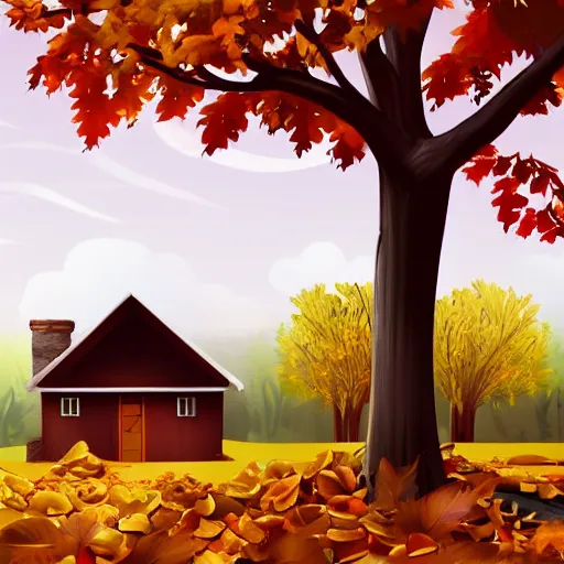 Image similar to autumn with fallen leaves, some wooden barrels outside the wooden house, the setting sun shines on the house and the ground, warm yellow tones, ilustration