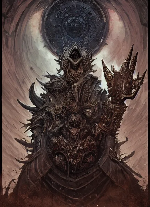 Image similar to Tiberius Stormwind, Dragonborn Sorcerer from Draconia and a member of Vox Machina, industrial rust, dark RA face illustration, symmetrical, evil, chaos, hypermaximalist, ornate, horror, Cliff nielsen, Peter Mohrbacher, Marc Simonetti, detailed, intricate ink illustration, symmetry, bloodborne