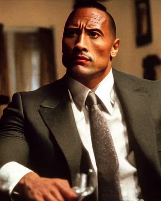 Image similar to film still close up shot of dwayne johnson as vito corleone from the movie the godfather. photographic, photography