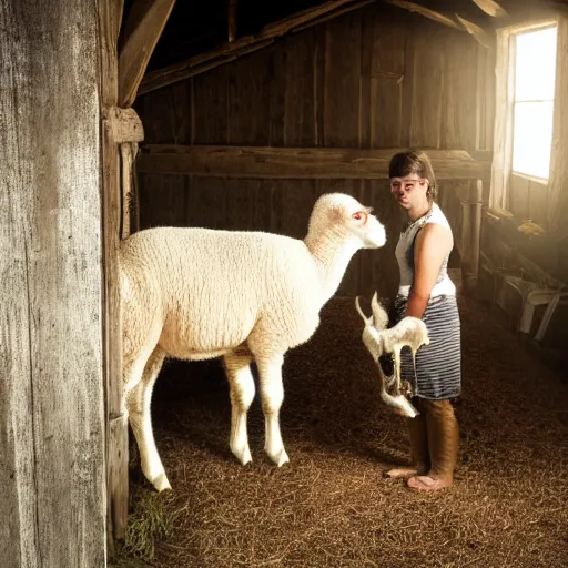 Image similar to a woman nursing a lamb in a barn, dimly lit, night, two red eyes stare at her from the shadows, uhd, 8 k, digital art, award winning,