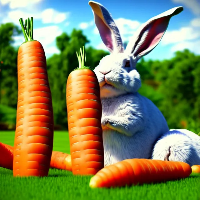 Prompt: photograph of giant rabbits eating people carrots in the garden full cinematic scene, 4 k realistic photorender