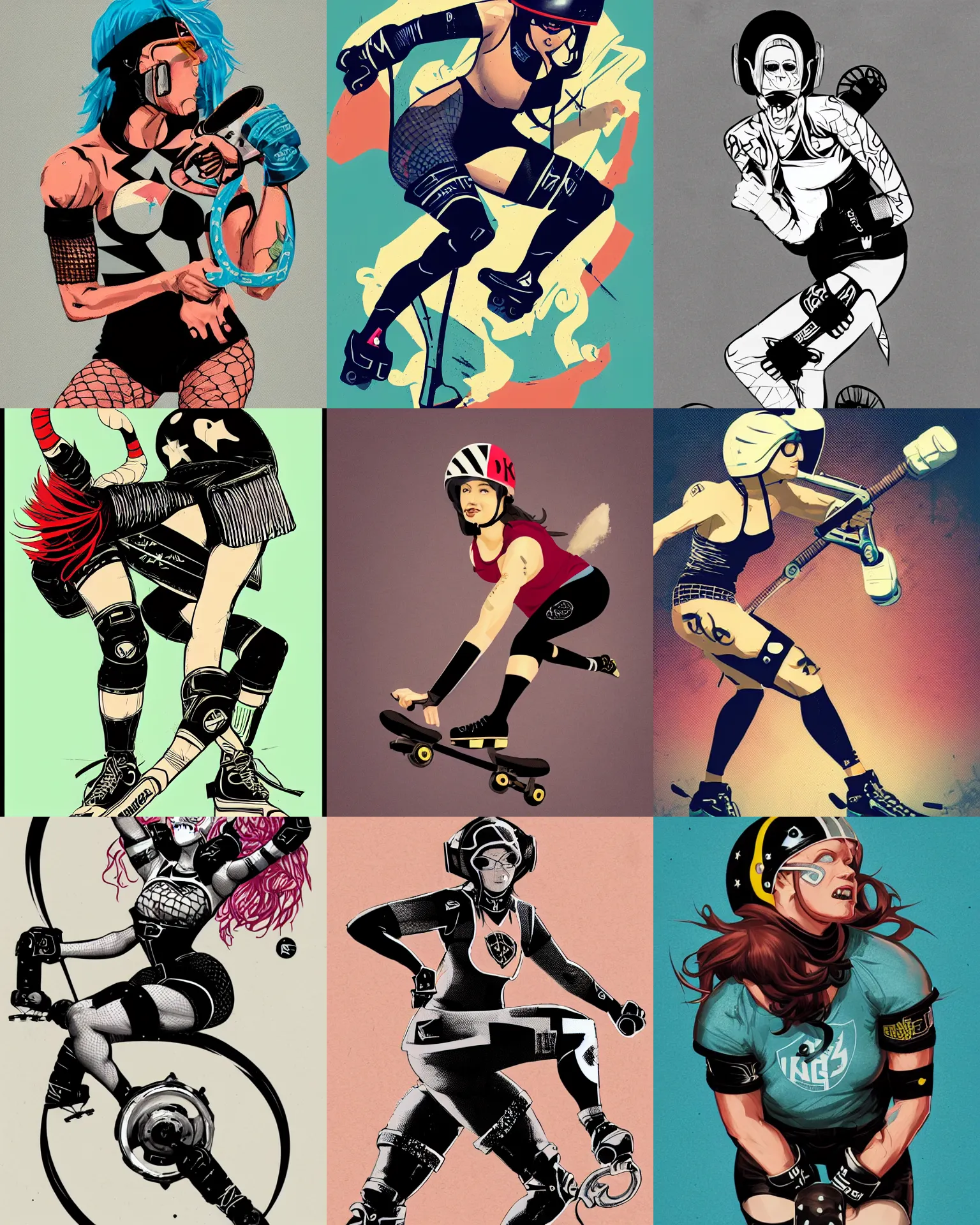 Prompt: logo design, roller derby girl doing Cross-Over, wearing skate helmet, knee pads, elbow pads, fishnet tights, showing off biceps, logo illustration by greg rutkowski and mcbess, award winning