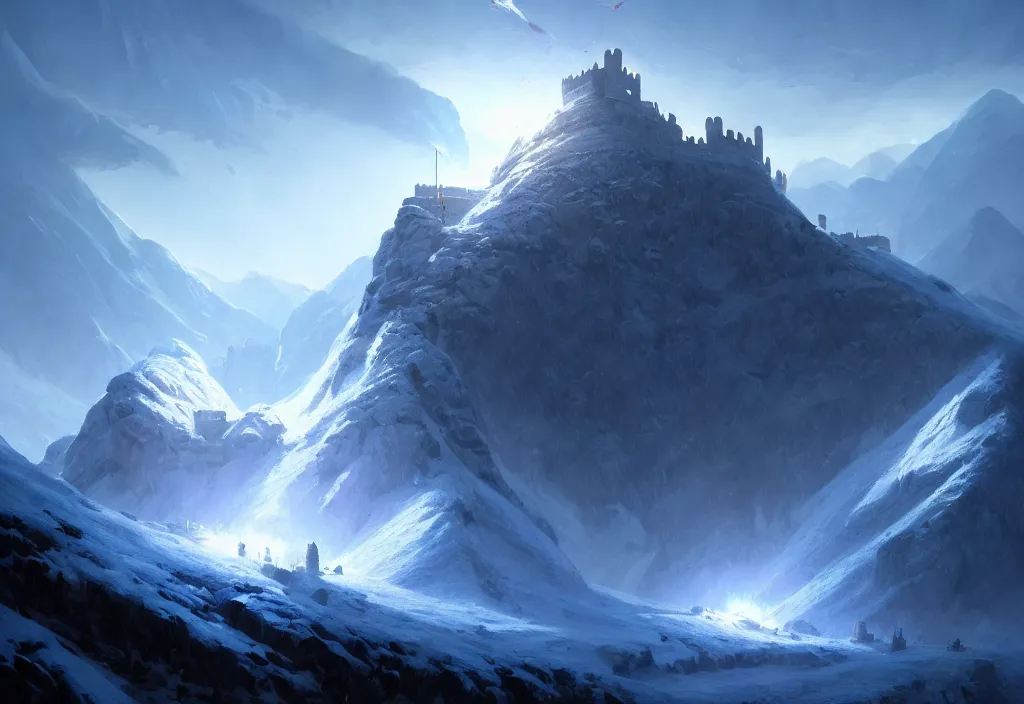 Prompt: large fortress inbetween two mountains, covered in snow, epic blue sky, cinematic view, concept art, high detail, well lit, volumetric, godrays, vivid, trending on artstation, by jordan grimmer, art greg rutkowski