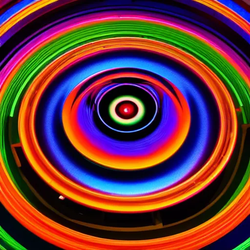 Image similar to still of rainbow ophanim surrounded by large diagonally rotating rings, giant eyeball in the middle of the ophanim, 8 k, octane render, 3 5 mm, amazing details, beautiful composition