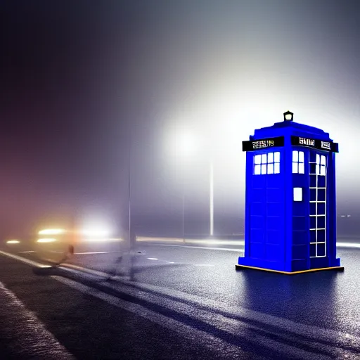 Image similar to a hyperdetailed photograph of the tardis sat on a futuristic street corner, night, dense fog, rain, hd, 8 k resolution