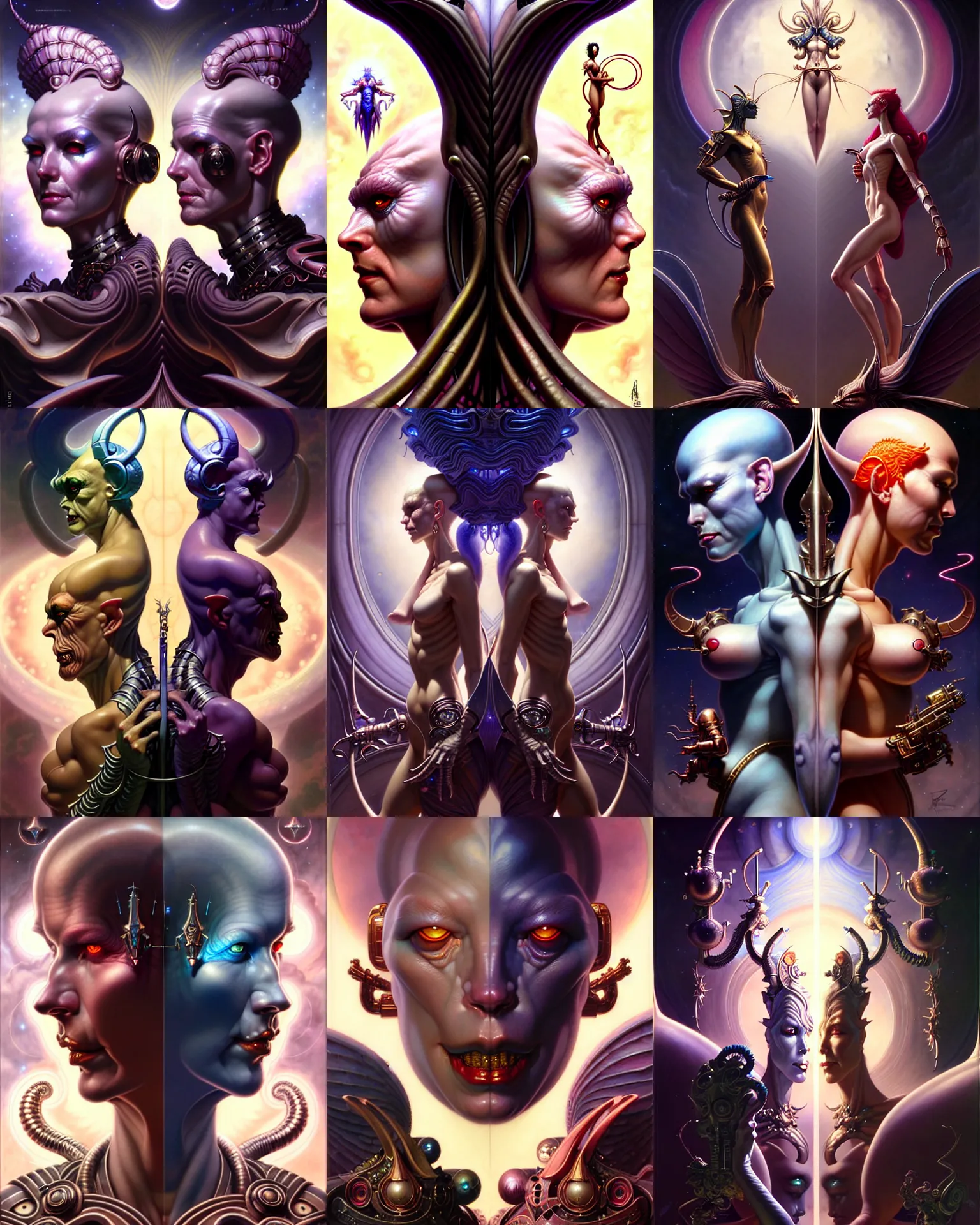 Image similar to beautiful gemini good and evil fantasy character portrait, ultra realistic, wide angle, intricate details, the fifth element artifacts, highly detailed by peter mohrbacher, hajime sorayama, wayne barlowe, boris vallejo, aaron horkey, gaston bussiere, craig mullins