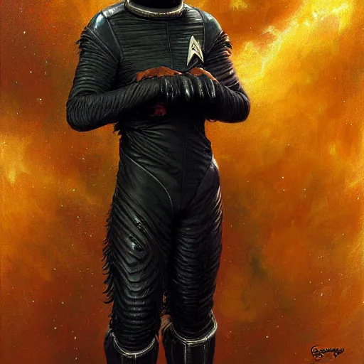 Image similar to fullbody of a black german shepard dogman man alien in jumpsuit starfleet star trek risa. highly detailed painting by gaston bussiere craig mullins jc