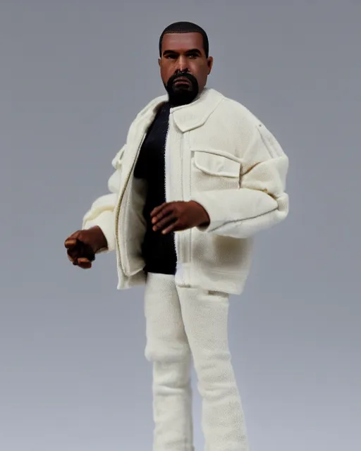 Prompt: 1970s action figure of Kanye West, product photography, plastic toy, white background, isolated background, studio lighting