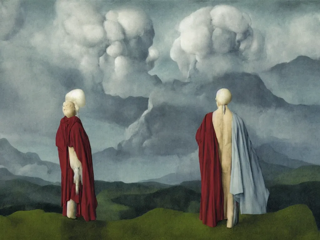 Image similar to albino mystic, with his back turned, looking at a storm over over the mountains in the distance. Painting by Jan van Eyck, Audubon, Rene Magritte, Agnes Pelton, Max Ernst, Walton Ford