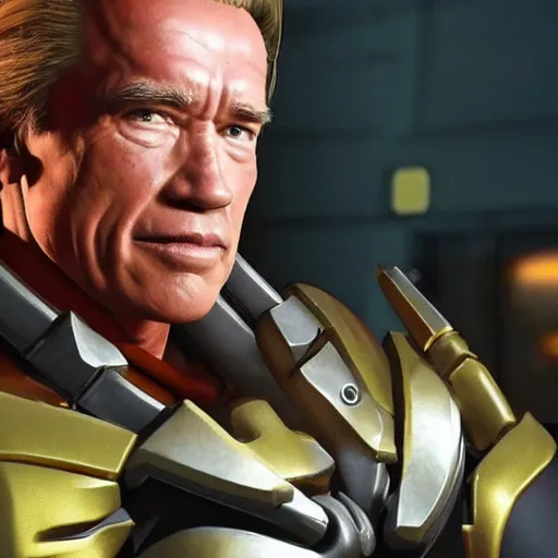 Image similar to a screenshot of arnold schwarzenegger as mercy in overwatch, full body shot