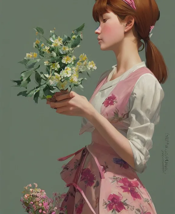 Prompt: an ultradetailed beautiful portrait painting of a girl as a floral shop keeper, side view, oil painting, high resolution, by ilya kuvshinov, greg rutkowski and makoto shinkai