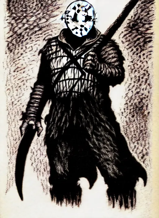 Image similar to jason voorhees as a D&D monster, full body, pen-and-ink illustration, etching, by Russ Nicholson, DAvid A Trampier, larry elmore, 1981, HQ scan, intricate details, Monster Manula, Fiend Folio