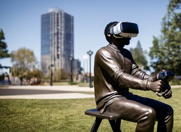 Image similar to photo still of a bronze statue of a man gaming in vr in a park on a bright sunny day, 8 k 8 5 mm f 1 6