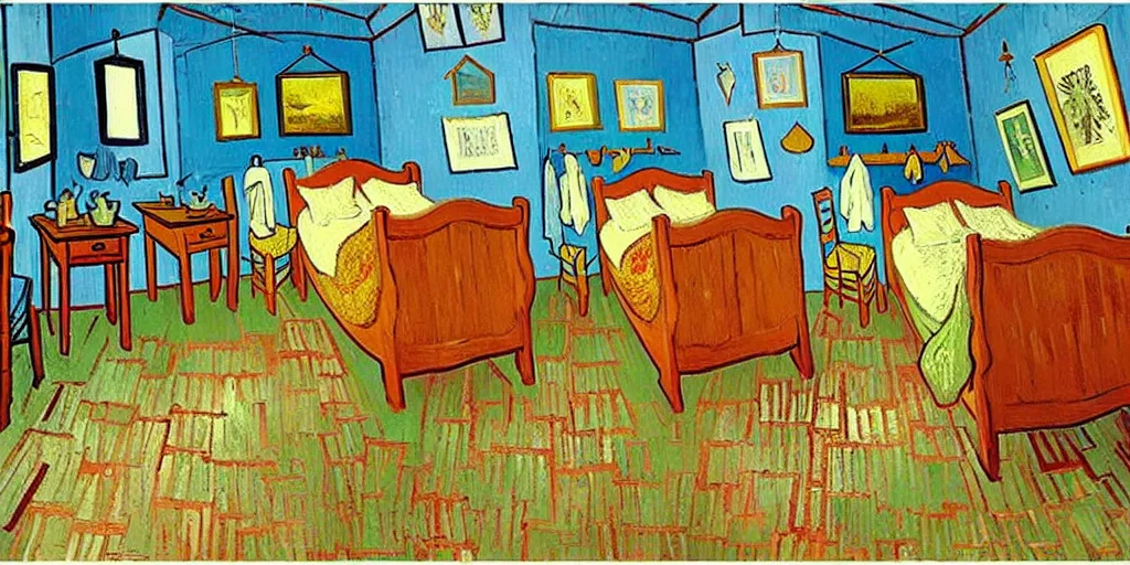 Prompt: a cozy bedroom decorated by Vincent Van Gogh, detailed, high resolution, wow!, intricate