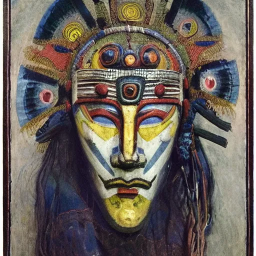 Image similar to head of a shaman wearing a mask made of enamelled flowers, by annie swynnerton and jean delville and john watkiss and rufino tamayo and diego rivera, art deco shaman, stylized geometric flowers, art brut, symbolist, dramatic lighting, god rays, clean crisp graphics, smooth sharp focus, extremely detailed, adolf wolfli