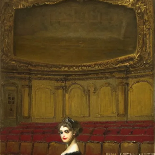 Image similar to an actress on stage in an old theater, only a single visitor in the audience, by alfred stevens