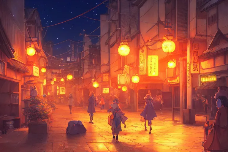 Image similar to fantasy art of glowing goldfish swimming in the air, in the streets of a japanese town at night, with people watching in wonder, by makoto shinkai, highly detailed digital art, trending on artstation