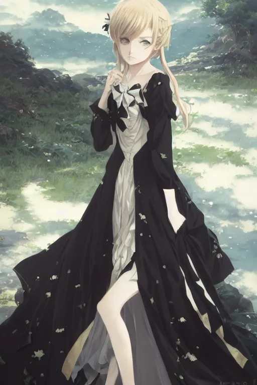 Image similar to victorique de blois anime girl gosick super detailed green eyes green eyes green eyes green eyes black dress black dress black dress black dress blonde hair by greg rutkowski makoto shinkai aramaki shinji artgerm, cushart krenz key art feminine award winning