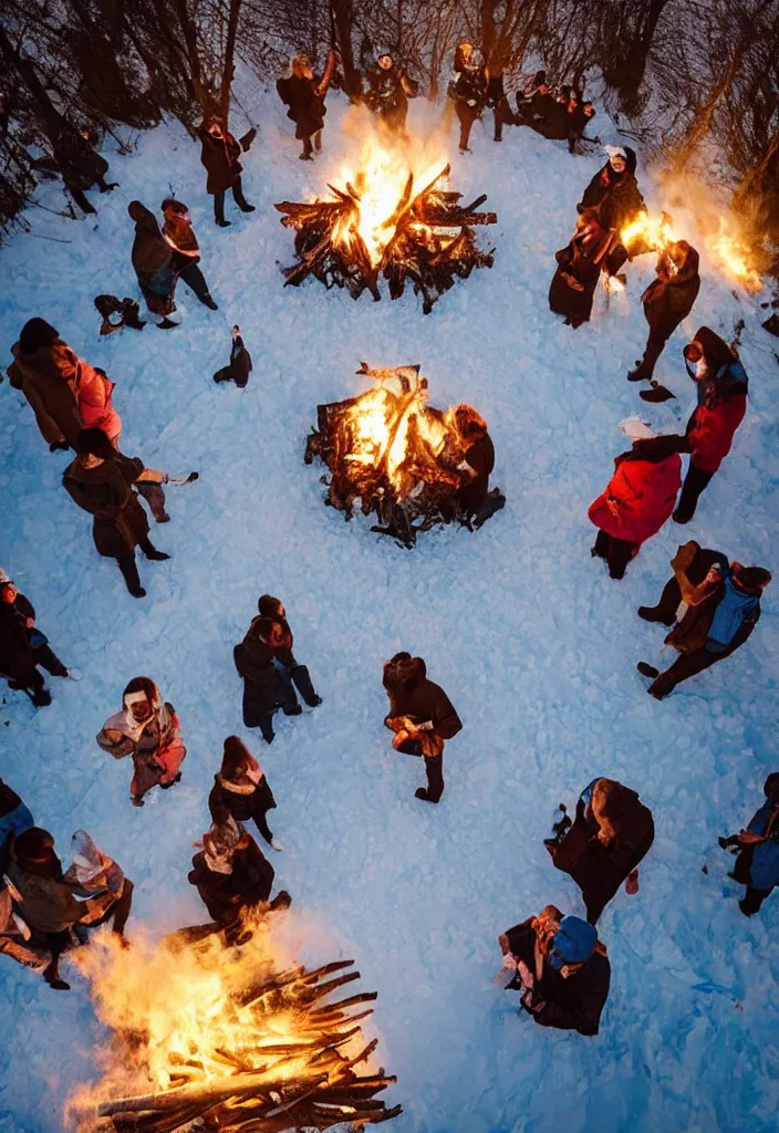 Image similar to realistic aerial race gather around a bonfire with a pregnant woman as her leader, intense blue eyes, realistic, antartic night