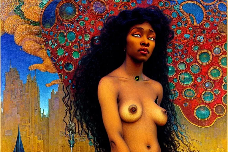 Prompt: realistic extremely detailed portrait painting of a beautiful black woman, city street on background by Jean Delville, Amano, Yves Tanguy, Ilya Repin, Alphonse Mucha, Ernst Haeckel, James C. Christensen, Edward Robert Hughes, Roger Dean, rich moody colours